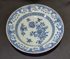 Antique 18th C Chinese Porcelain Blue & White Floral Rimmed Bowl / Dish, 22.7cm