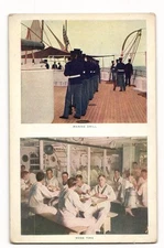 Early 20th Century Postcard Depicting Marine Drill and Shipboard Mess Time