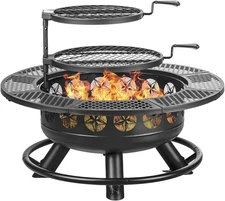 36 Inch Fire Pit with 2 Cooking Grills,Wood Burning BBQ Firepit with Lid, 3-in-1