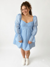 Boohoo Baby Blue Checkered Organza Mini Dress Puff Sleeve Babydoll Milkmaid 14