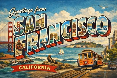 Greetings From San Francisco, CA MODERN Vintage-inspired Postcard Cable Car D24