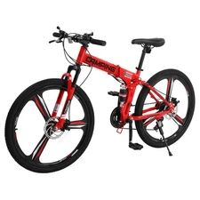26" Folding Mountain Bike 21 Speed Men Bikes MTB Bicycle Dual Disc Brake US Red