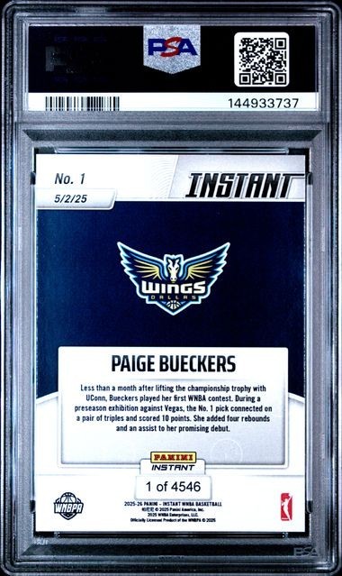 Paige Bueckers 2025 Panini Instant WNBA RC PSA 10 Lot - Debut #1 & Draft #DN1 view 5