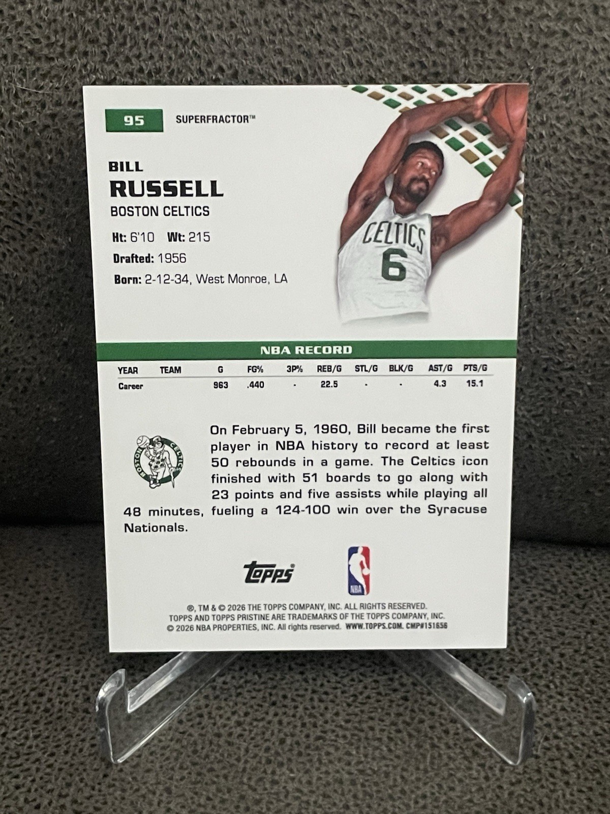 🔥Bill Russell 2025-26 Topps Pristine #95 Superfractor #1/1 Boston Celtics view 7
