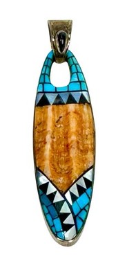 Sterling Silver Pendant LIBERTAD Spiny Oyster Inlay Turquoise Onyx Native Amer.