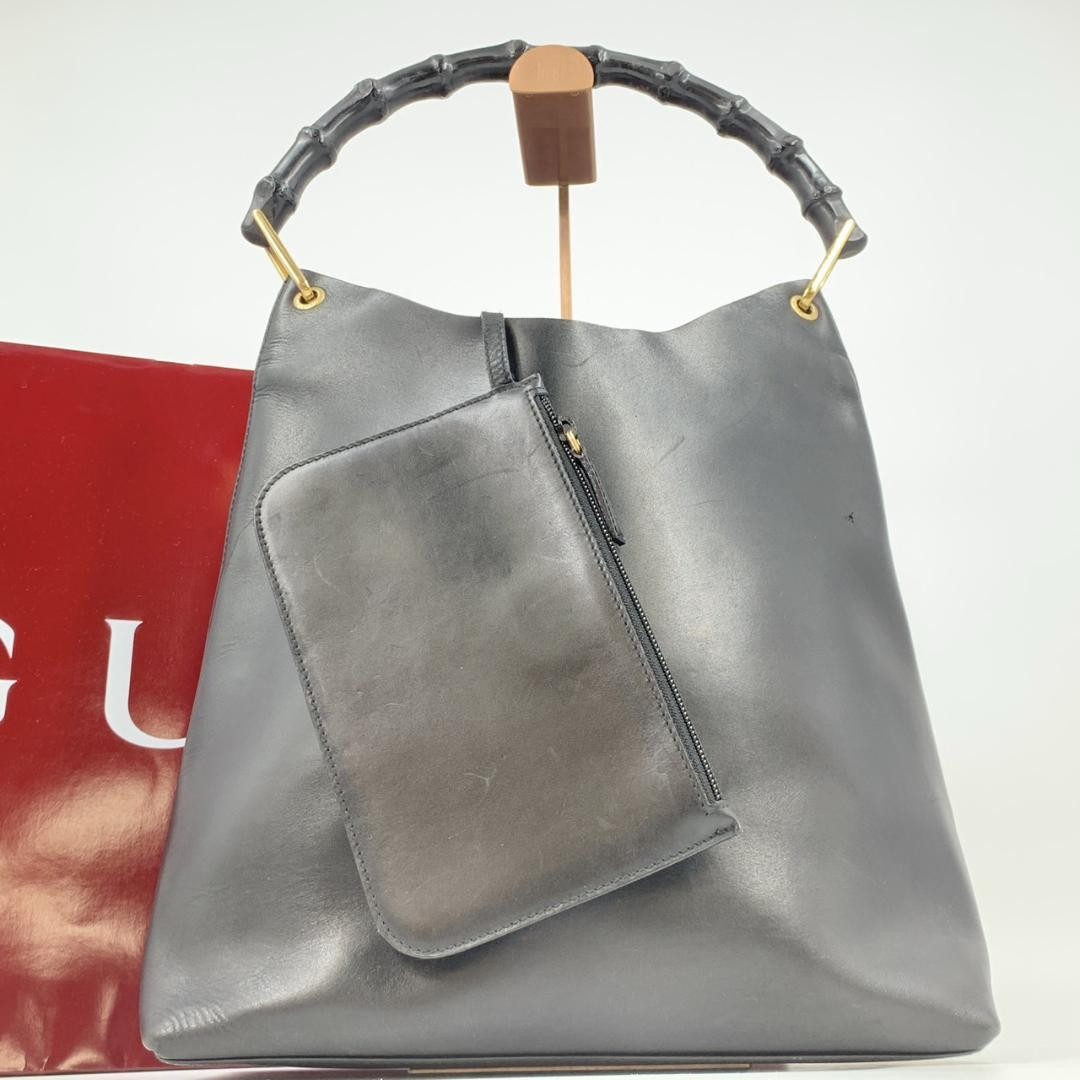 Gucci Bamboo Black Leather Tote Bag with Pouch Authentic Designer Handbag