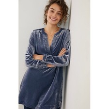 Anthropologie Dress Women Small Blue Melody Slate Velvet Tunic Mini Long Sleeve