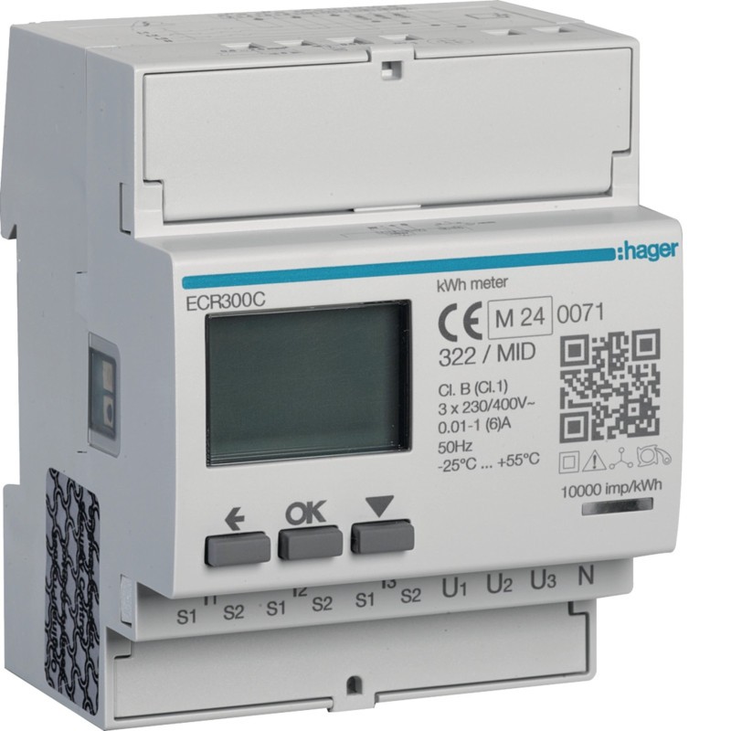 Compteur triphasé indirect Hager Modbus rail DIN MID