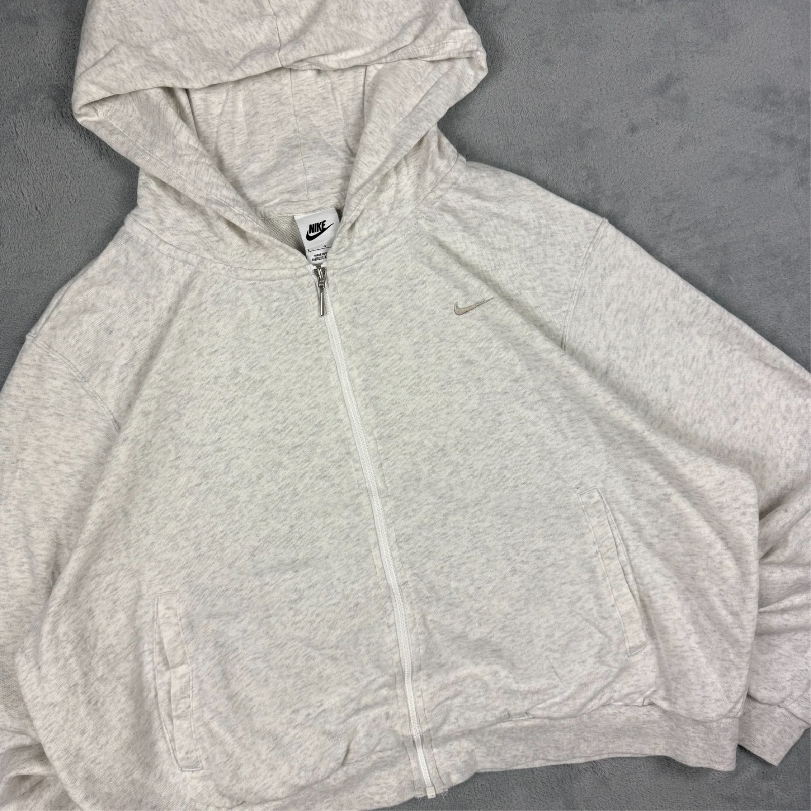 VTG Nike 2000's Grey Marl Mini Swoosh Sz Lrg Cropped Oversized Full Zip Hoodie image 3