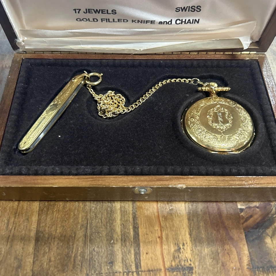 Reloj Bolsillo Colibri Cuerda Caja Cazador Suizo 1/20 Oro 12k Lleno Cuchillo/Cadena Foto 3 de 4