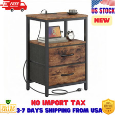 Bedside Table Charging Station Nightstand with Fabric Drawers, End Side Table