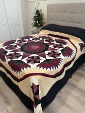New Amish Quilt Feathered Star -Red, Black  Tan 100  x112  Handmade Lancaster PA