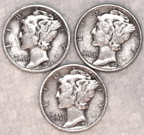 (3) Mercury Dimes - 1941P 1942P 1943D - Very Fine - #2283ED - FREE SHIPPING