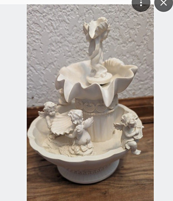 Avon Tabletop Cherub Angel Fountain, White Resin, Indoor Battery-Operated