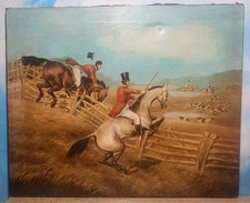 Antique Oil Painting Fox Hunting Horse Riding Jumping Charge on Canvas 60x50cm