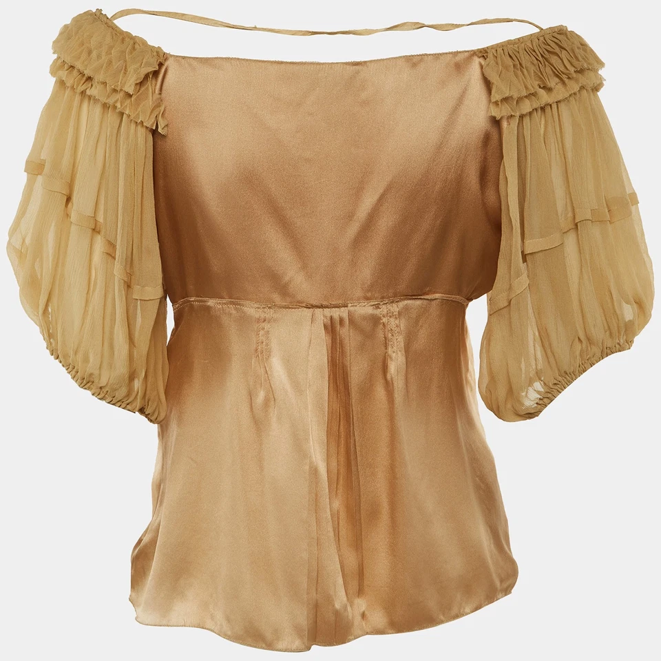 Prada Beige Silk Satin Ruffled Top L - Image 2 of 4