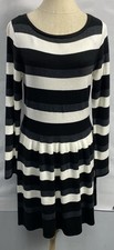 Vince Camuto Knit Striped Fit & Flare Sweater Dress Black Gray White Womens M