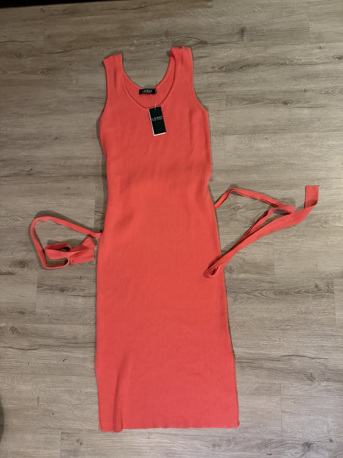 Lauren Ralph Lauren Orange Sleeveless Sheath Ribbed Viscose Dress, L