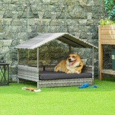Wicker Dog House Elevated Raised Rattan Bed with Removable Cushion Lounge