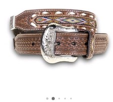 Nocona Mens Western Brown Leather Embossed Braided Belt Size 44 Conchos Inlay