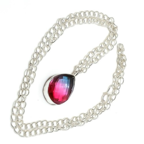 Bi Color Tourmaline Gemstone 925 Sterling Silver Handmade Jewelry Necklace 18" - Picture 4 of 11