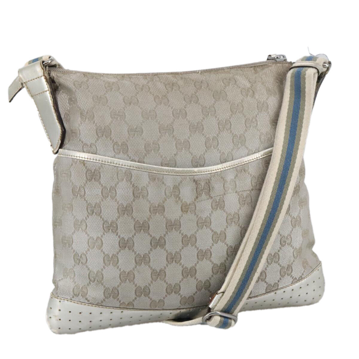 GUCCI GG Canvas Sherry Line Shoulder Bag Blue Silver gray GUCCI GG Canvas Sherry Line Shoulder Bag Blue Silver gray