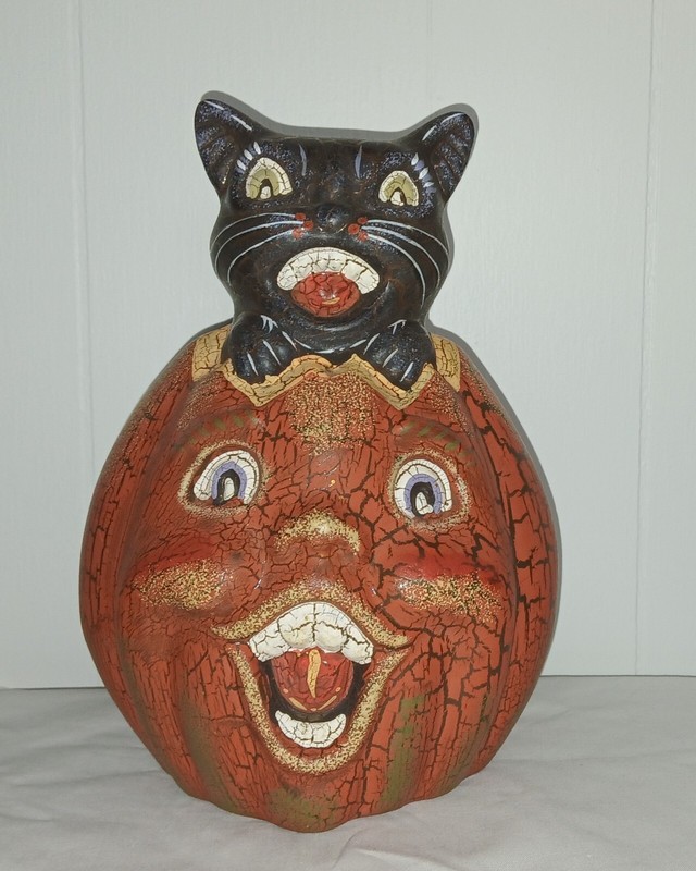 Vintage Black Halloween Cat in a Jack Lantern Pumpkin Terra Cotta Crackle Finish