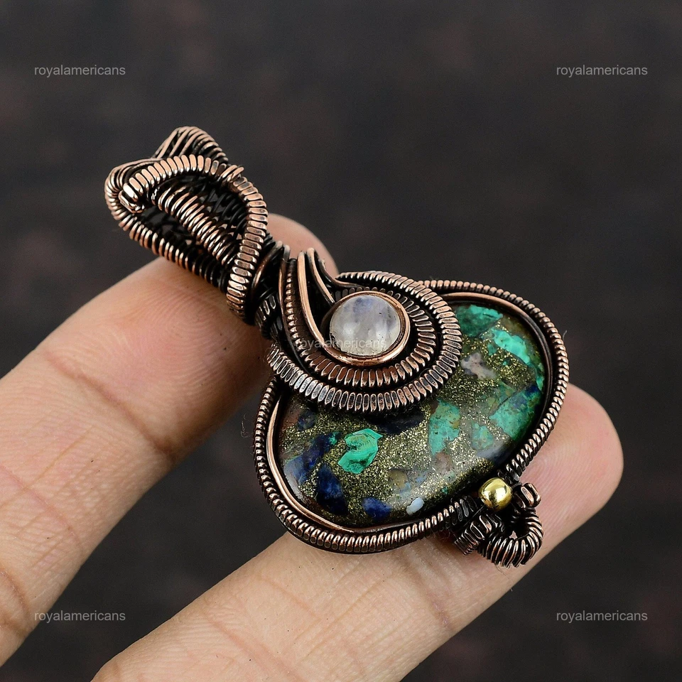 Кулон юбилейный радужный лунный камень драгоценный камень азурит малахит медь медь - Изображение 3 из 4