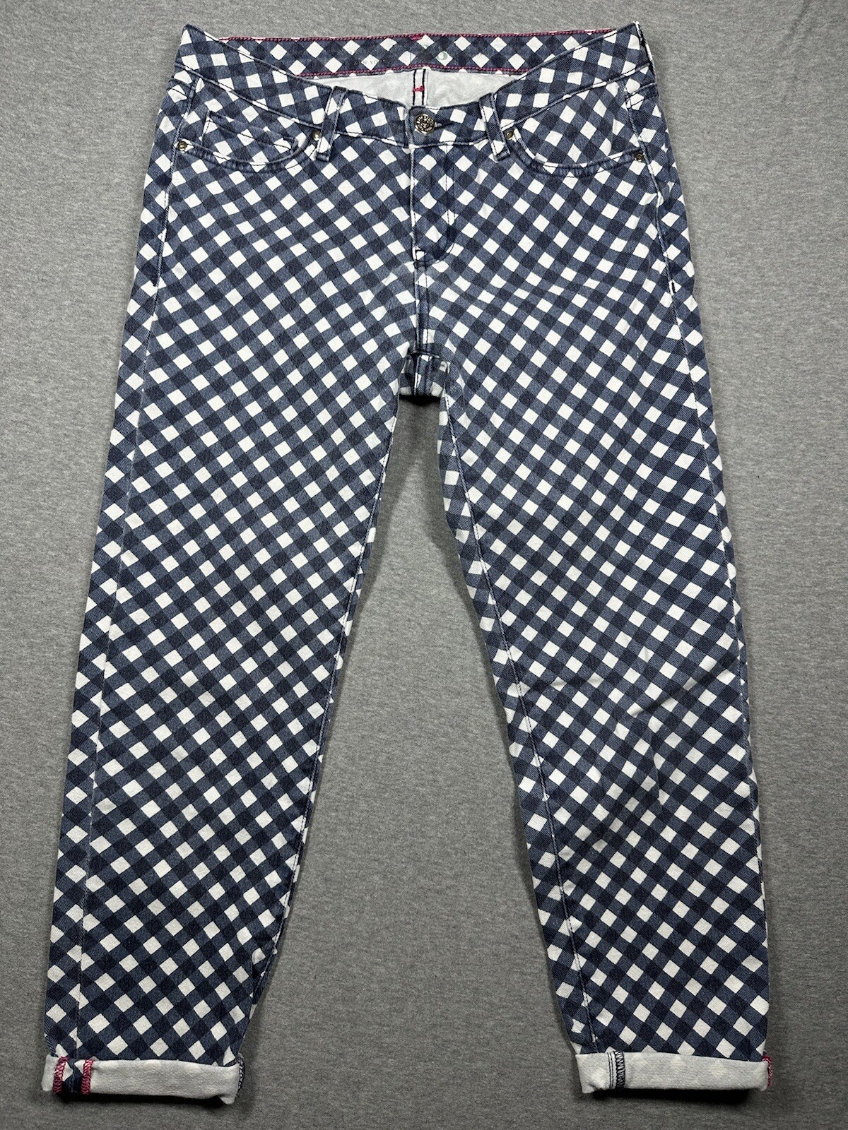 Kate Spade Play Hooky Broome Street  Blue White Diamond Plaid Denim Capris Sz 28