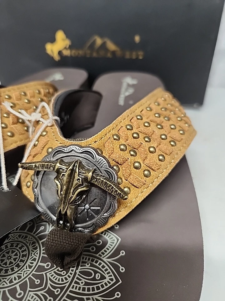 Sandália Montana West Wedge frisada ocidental Longhorn caveira concho feminina 11 - Imagem 2 de 4