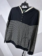 Lauren Ralph Lauren Lauren Active Womens L Black White Striped Hooded Shirt Top