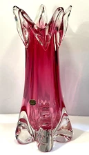 MCM Josef Hospodka Pink Clear Czech 12” Bohemia Glass 5 Finger Art Vase w/ Label