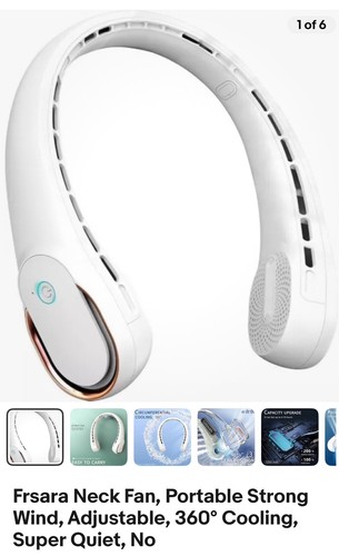 FrSara Neck Fan, Portable Strong Wind, Adjustable, 360° Cooling, Super White