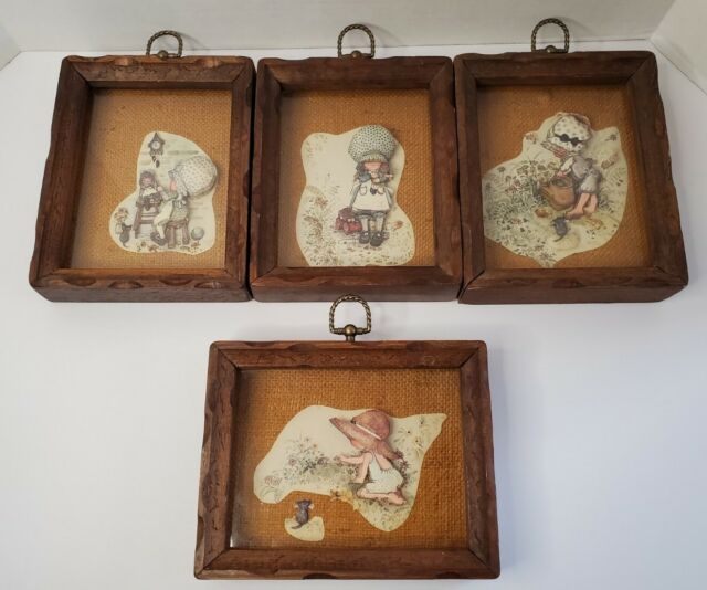 4 Vtg 1974 Holly Hobbie 3D Shadow Box Wood Framed Picture Layered Art Signed 4 Vtg 1974 Holly Hobbie 3D Shadow Box Wood Framed Picture Layered Art Signed