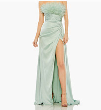NEW, Mac Duggal Strapless Feather Detail Satin Gown in Mint Green Sz 4 #LD190