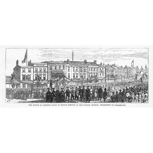 PRESTON Procession of Mayor in Fishergate to Parish Church - Antique Print 1882