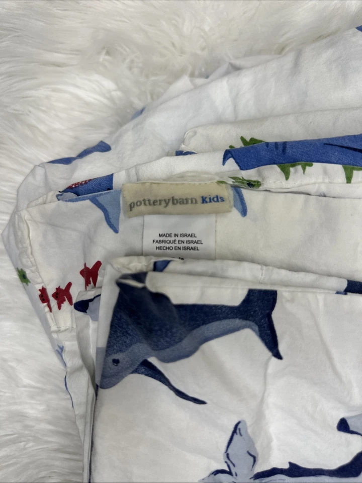 Conjunto de lençóis Pottery Barn Kids mordida de tubarão oceano náutico TAMANHO DUPLO PLANO, AJUSTADO, ESTOJO - Imagem 2 de 4
