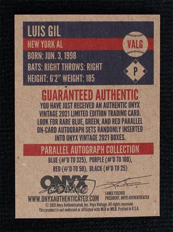 2021 Onyx Vintage Red Ink Auto /50 Luis Gil #VALG Auto - Image 2 of 2