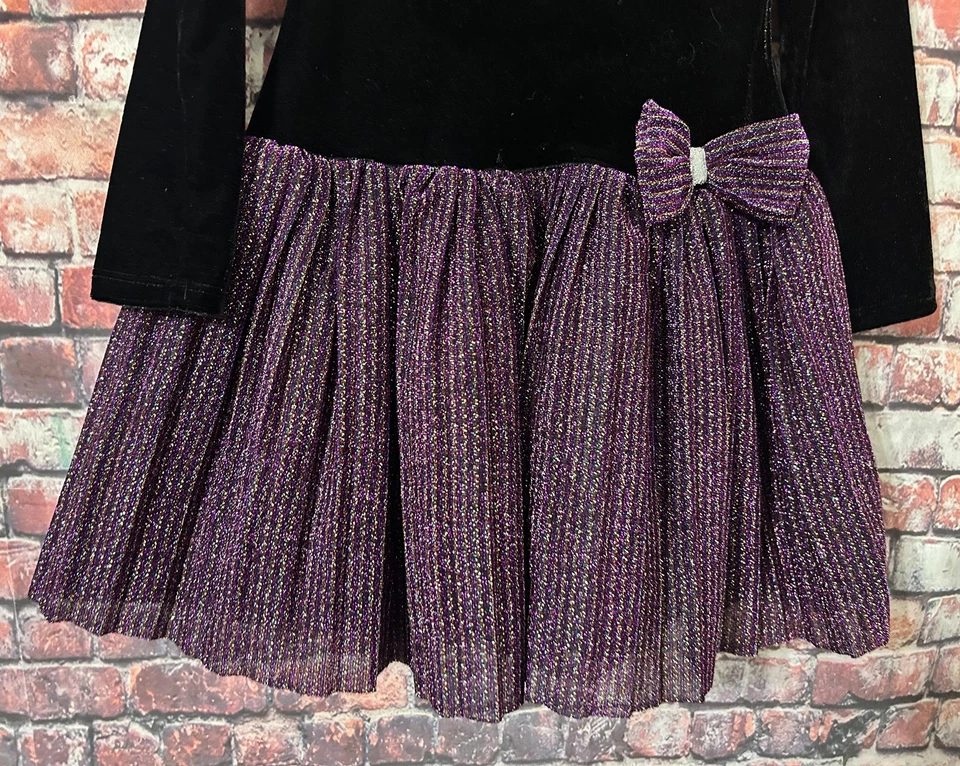 Vestido Nannette Niñas Talla 5 Negro Púrpura Brillo Lazo Manga Larga Fiesta de Vacaciones Foto 4 de 4