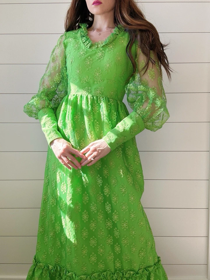 Maxi Vestido Vintage Años 70 Flower Power Manga Julieta Verde Lima Dama de Honor Foto 2 de 4