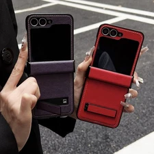 For Samsung Galaxy Z Flip 7 Leather Hinge Protection Case Cover with Kickstand