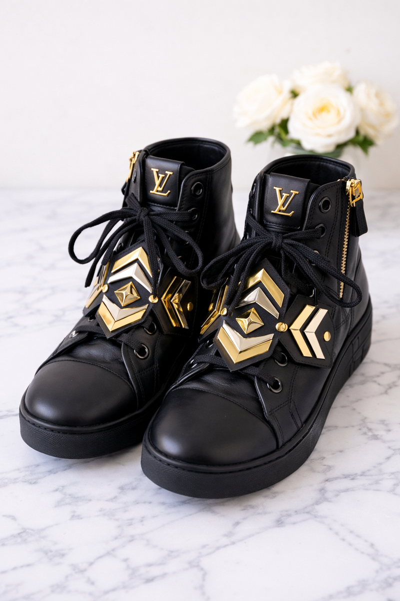Louis Vuitton Black Leather Lace Up Boots Gold LV Logo Side Zip