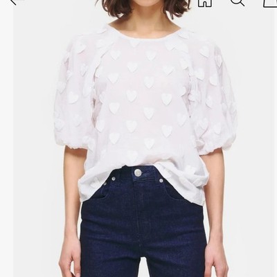 Bimba y Lola White Heart Embroidered Puff Sleeve Top Womens Size M Coquette