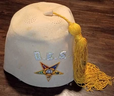 Order of the Eastern Star O.E.S. Fez Hat with Rhinestones, Patch & Yellow Tassel