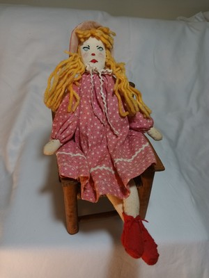 Hand Sewn Vintage Folk Lore Girl Cloth Painted Face Rag Doll In A Chair Mad