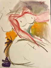 Cubist Impressionism Boudoir Model Figure Chalk Painting Signed 9x12 Paper