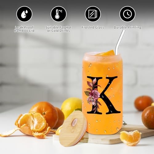 Monogrammed Glass Drinking Cup With Lid Straw Mother Day Best Mama Mom Letter K