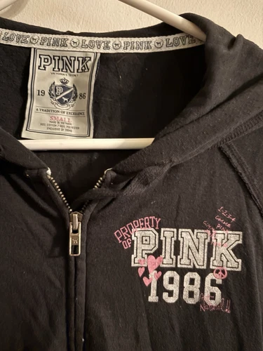UNDERCOVER Felpa con cappuccio e zip Victorias Secret rosa nera taglia small VS rosa nero nuova senza etichette