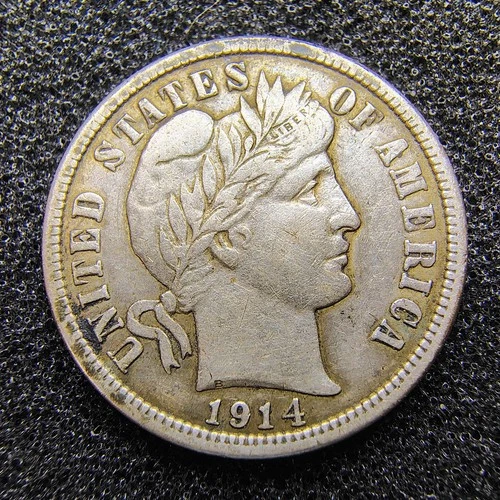 1914 Barber Dime 10C - Philadelphia - 90% Silver - VF-XF Details - Nice Toning