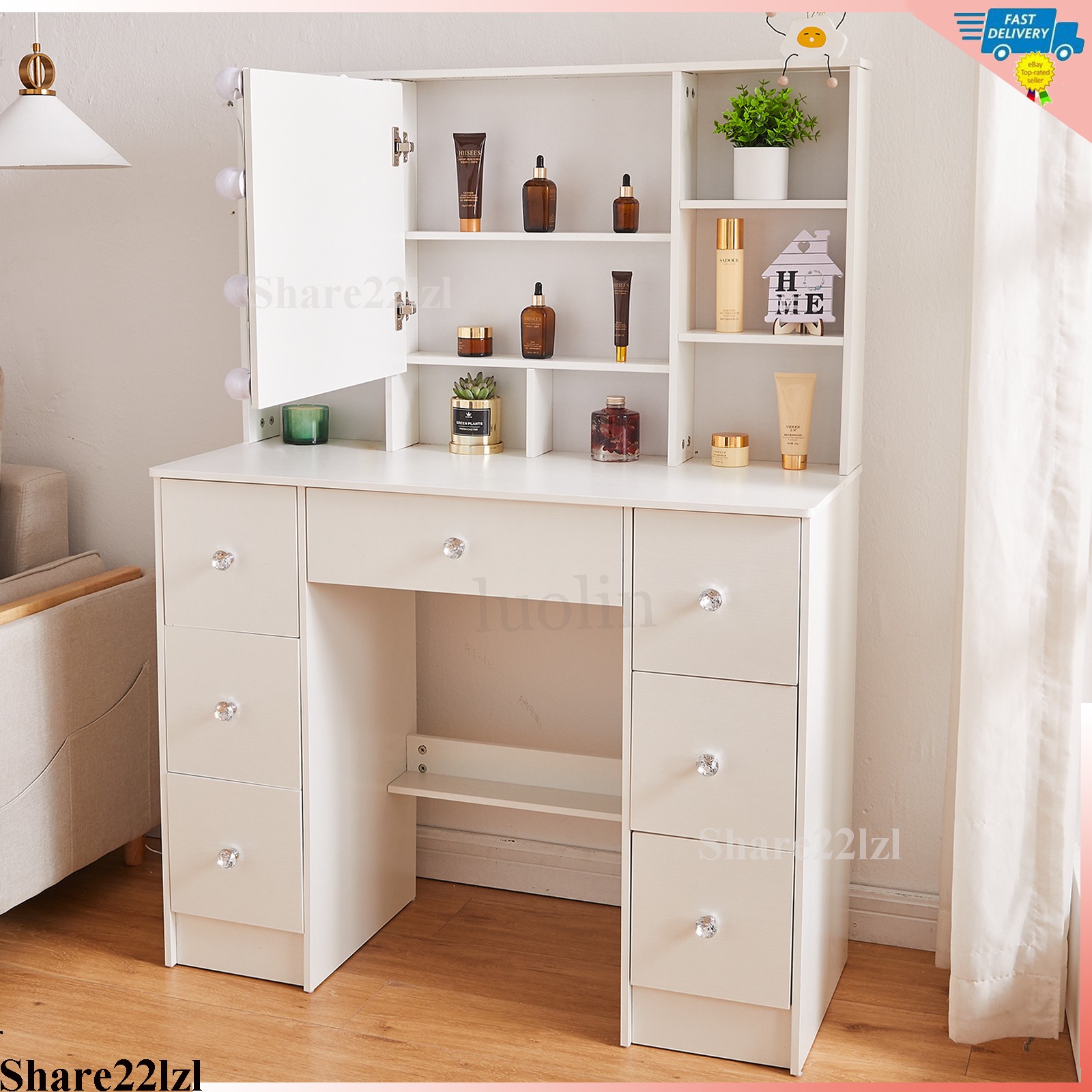 Vanity Set with Led Lights Mirror Makeup Desk Dressing Dresser Table 7 Drawers